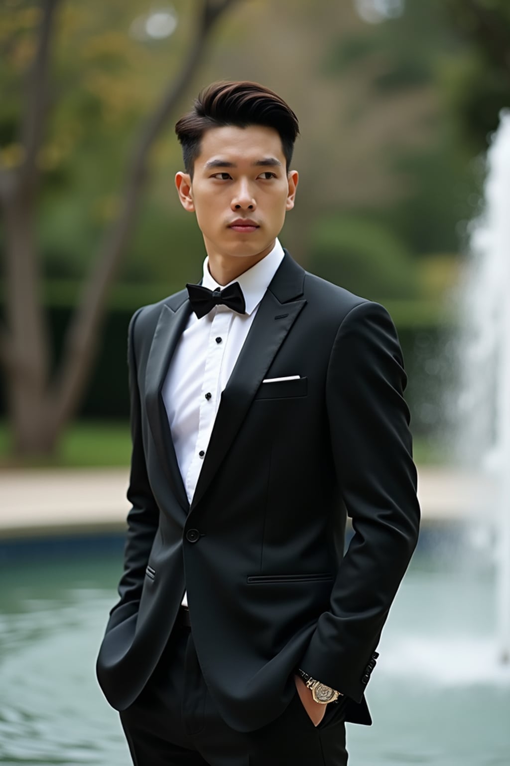 Elegant wedding pose by a fountain, cinematic wedding photography. Model  wearing a dark tailored wedding tuxedo . Dreamy and visually stunning.