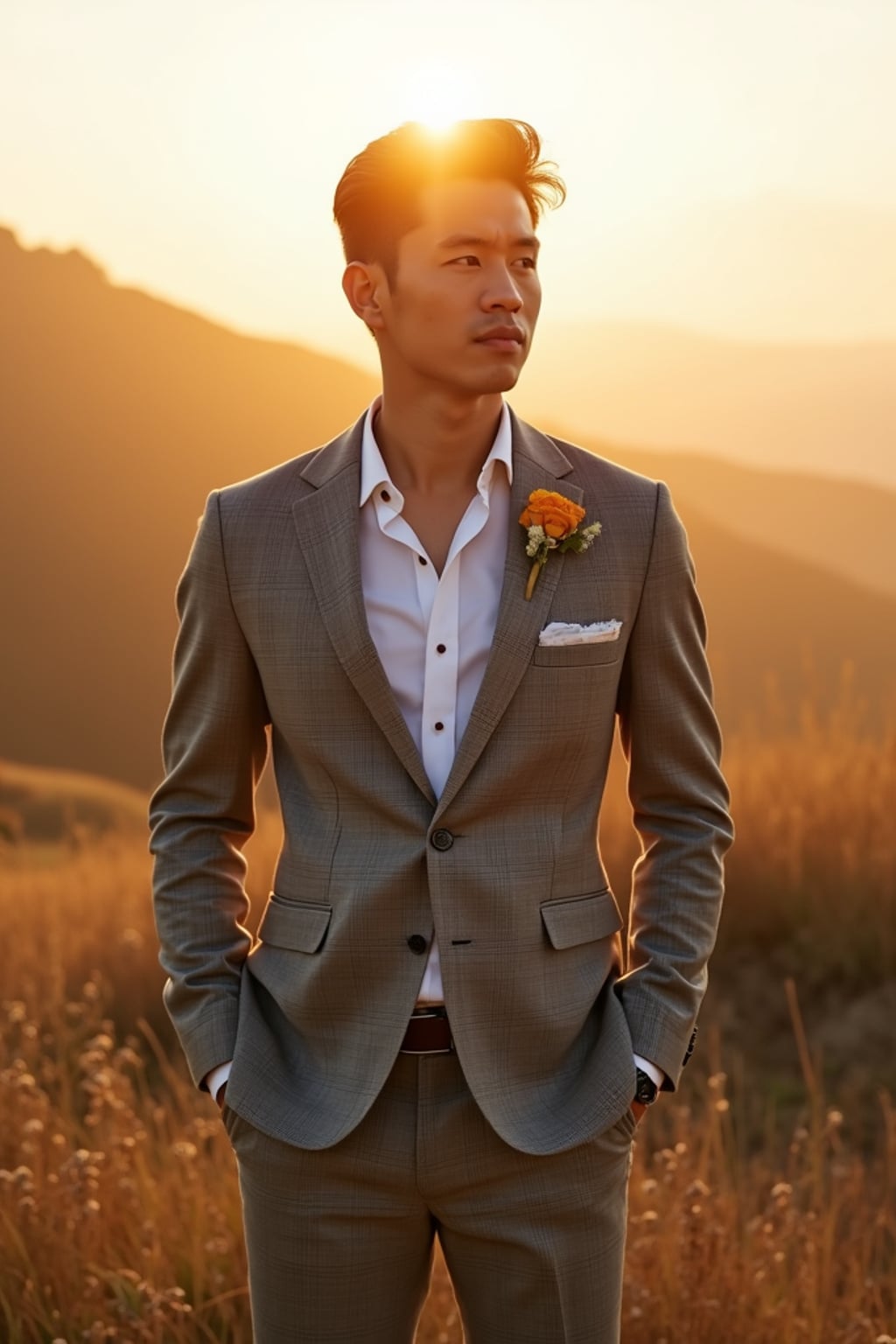 Golden hour wedding shoot with breathtaking natural scenery. Model  wearing a grey checkered suit . Warm sunlight creating a dreamy ambiance.