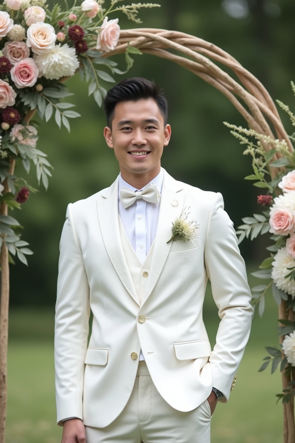 Candid wedding moment, standing by a floral wedding arch. Model  wearing a tailored white suit . Natural soft-focus background, elegant setting.