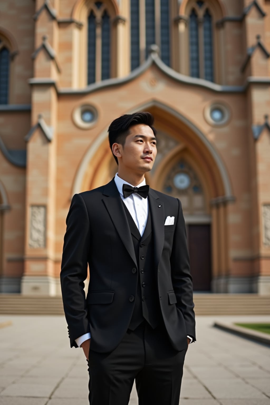 Dreamy wedding setting in front of a grand cathedral. Model  wearing a sleek three-piece suit . Romantic lighting and timeless aesthetic.