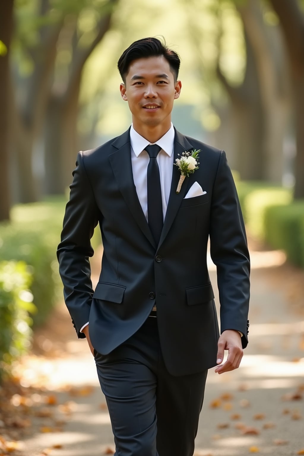 Wedding day candid moment, walking down a scenic path. Model  wearing a sharp modern suit, confident stride . Sunlight filtering through trees, cinematic photography.