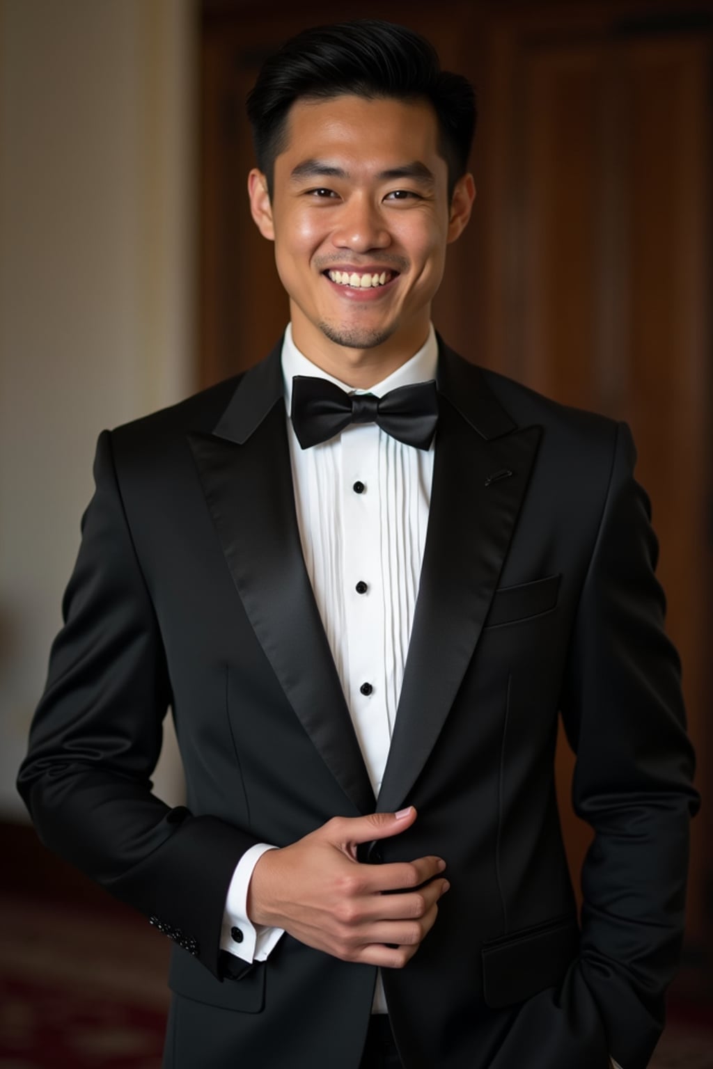 Elegant wedding portrait, showcasing sophisticated bridal or groom styling. Model  wearing a classic tuxedo with a bowtie . High-fashion photography style.