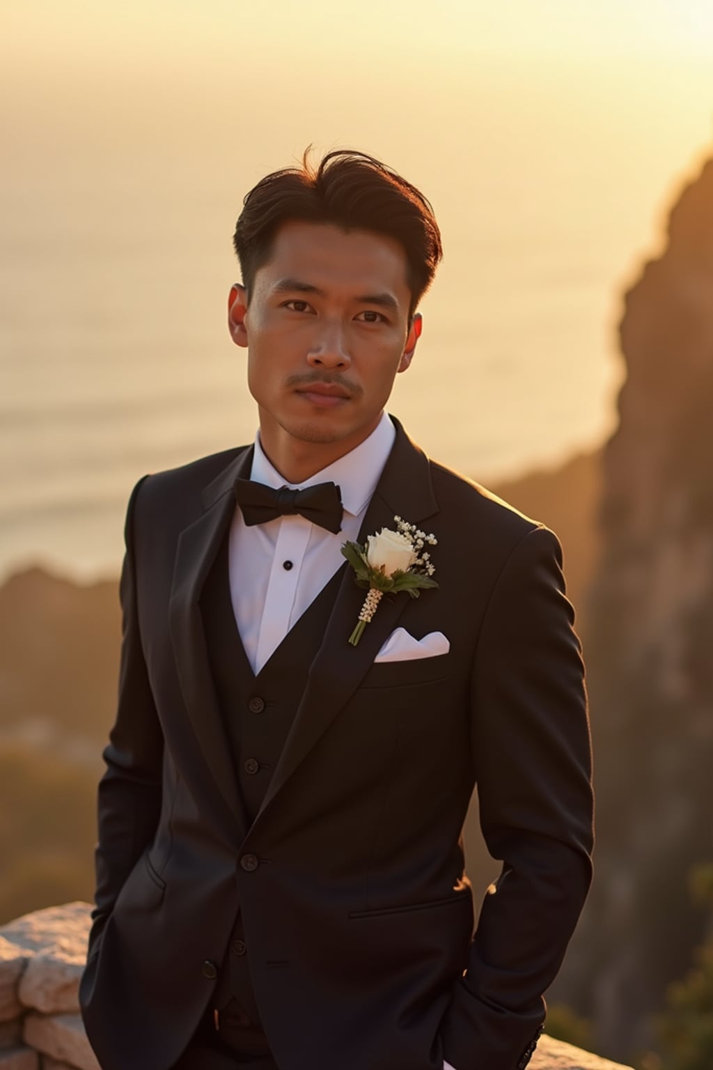 Wedding photoshoot in a breathtaking location. Model  wearing a tailored wedding suit . Soft golden hour lighting, romantic atmosphere.