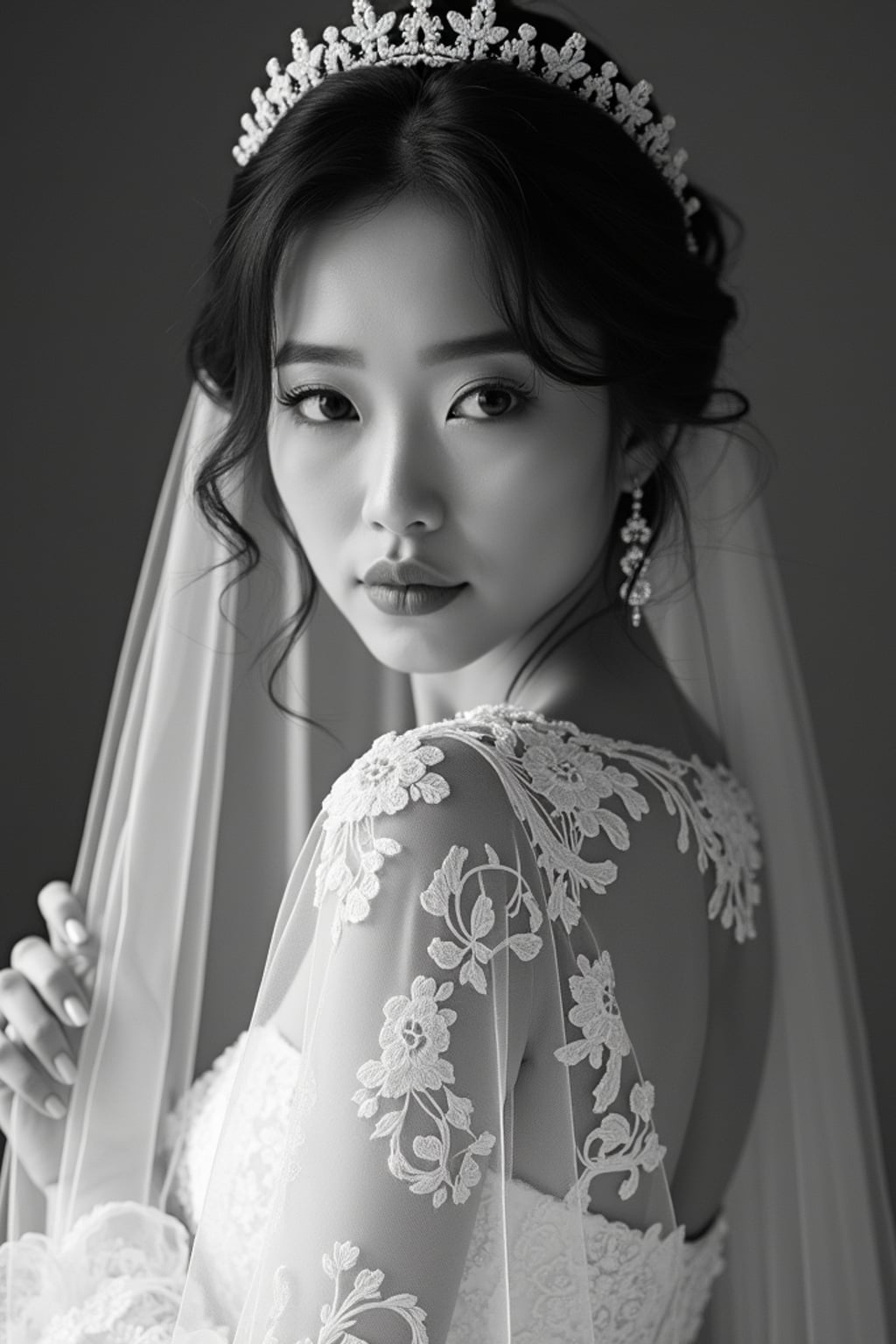 Artistic black and white wedding portrait, capturing emotions of the special day. Model wearing a vintage-inspired lace wedding dress  . Timeless and graceful composition.