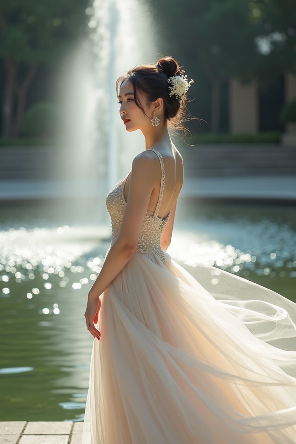 Elegant wedding pose by a fountain, cinematic wedding photography. Model wearing an ethereal long-flowing gown  . Dreamy and visually stunning.