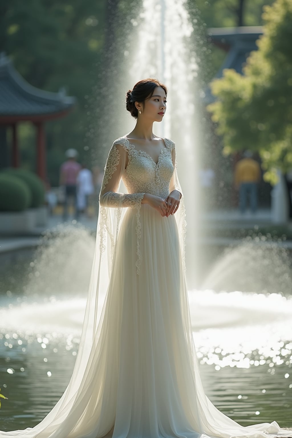 Elegant wedding pose by a fountain, cinematic wedding photography. Model wearing an ethereal long-flowing gown  . Dreamy and visually stunning.