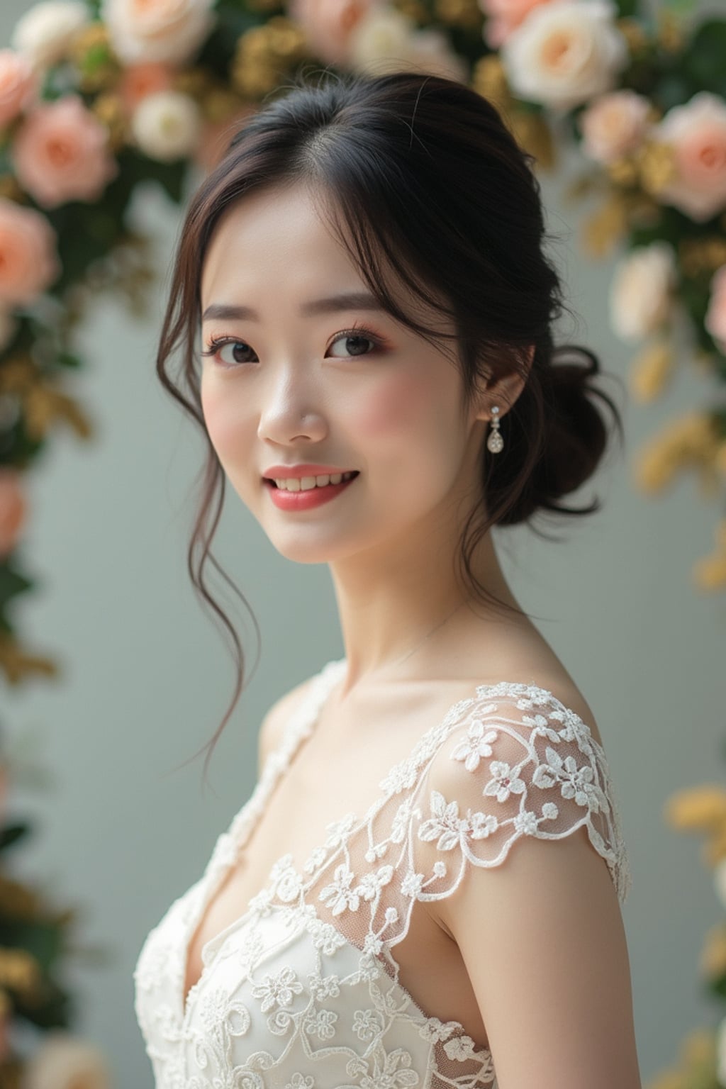 Candid wedding moment, standing by a floral wedding arch. Model wearing a lace-trimmed gown  . Natural soft-focus background, elegant setting.