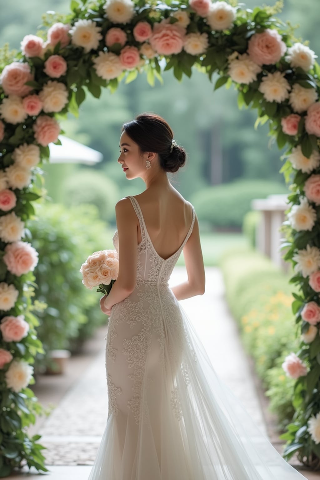 Candid wedding moment, standing by a floral wedding arch. Model wearing a lace-trimmed gown  . Natural soft-focus background, elegant setting.