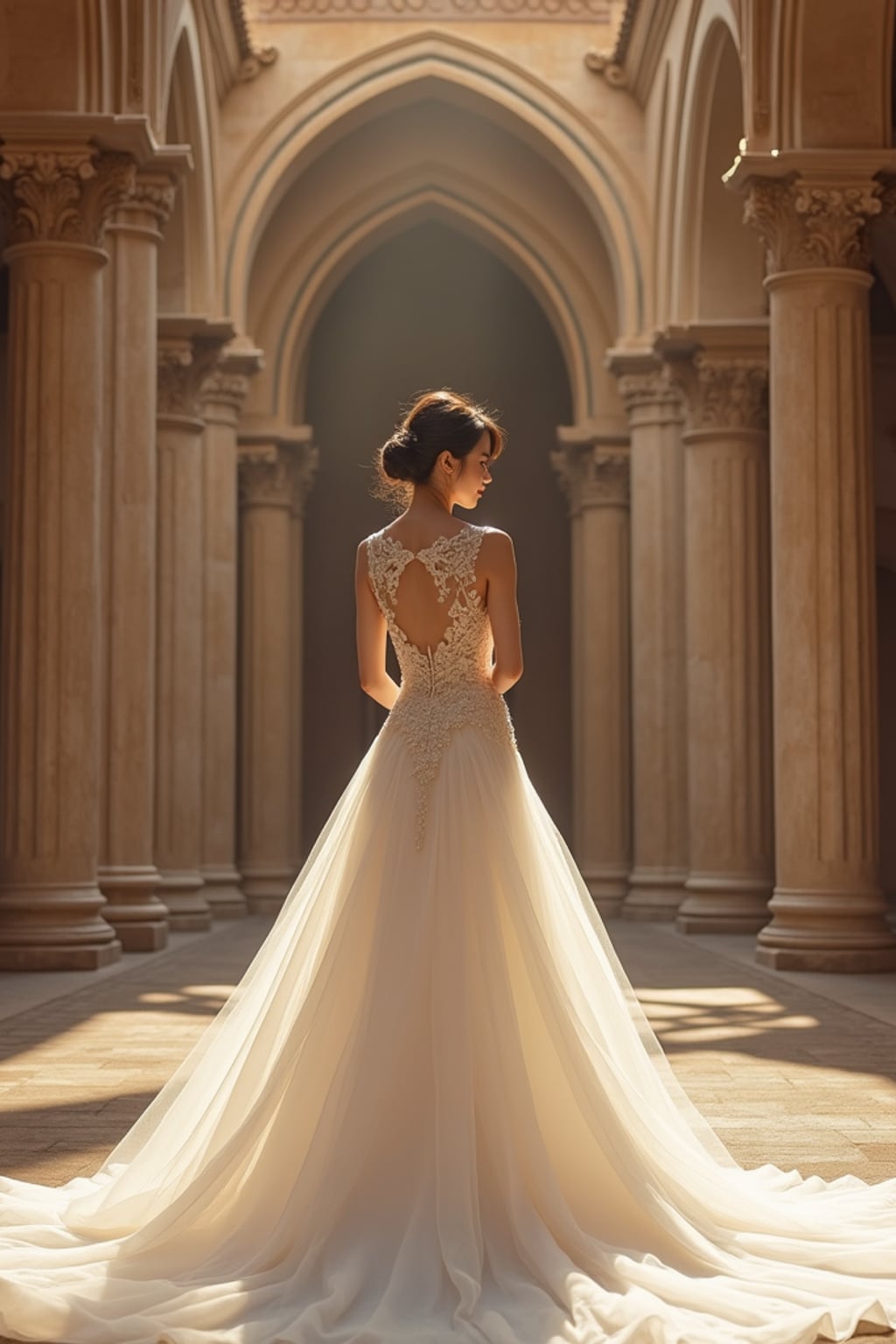 Dreamy wedding setting in front of a grand cathedral. Model wearing a regal long-train wedding dress  . Romantic lighting and timeless aesthetic.