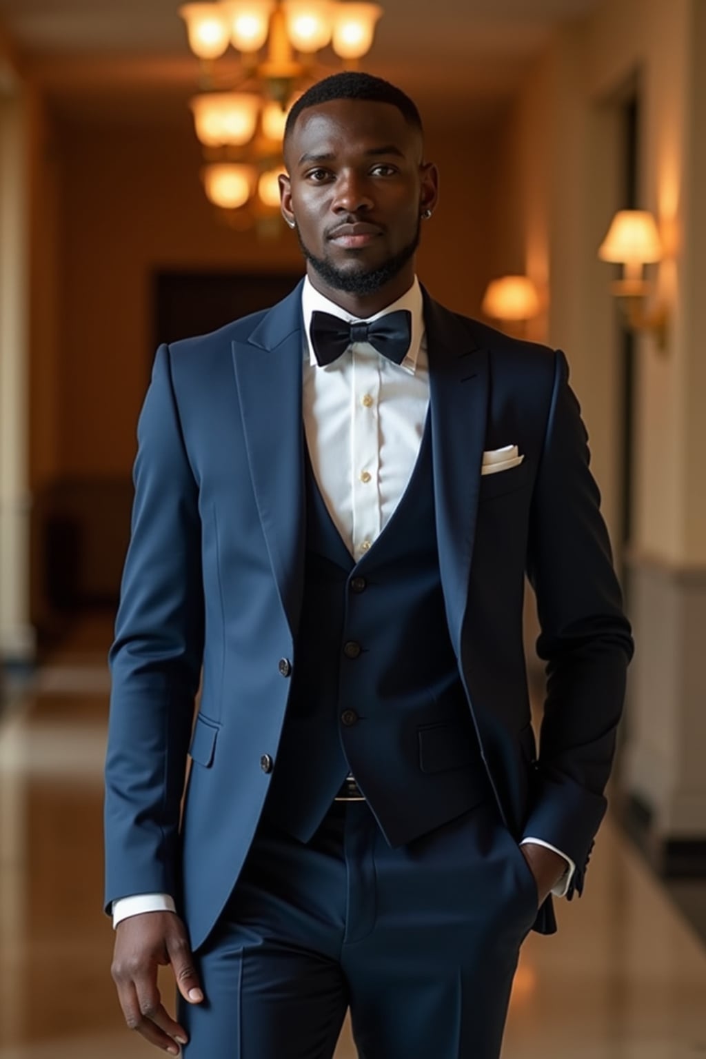 Wedding photoshoot in a luxurious ballroom setting. Model in an elegant pose with sophisticated wedding attire. Model  wearing a navy blue tailored suit .