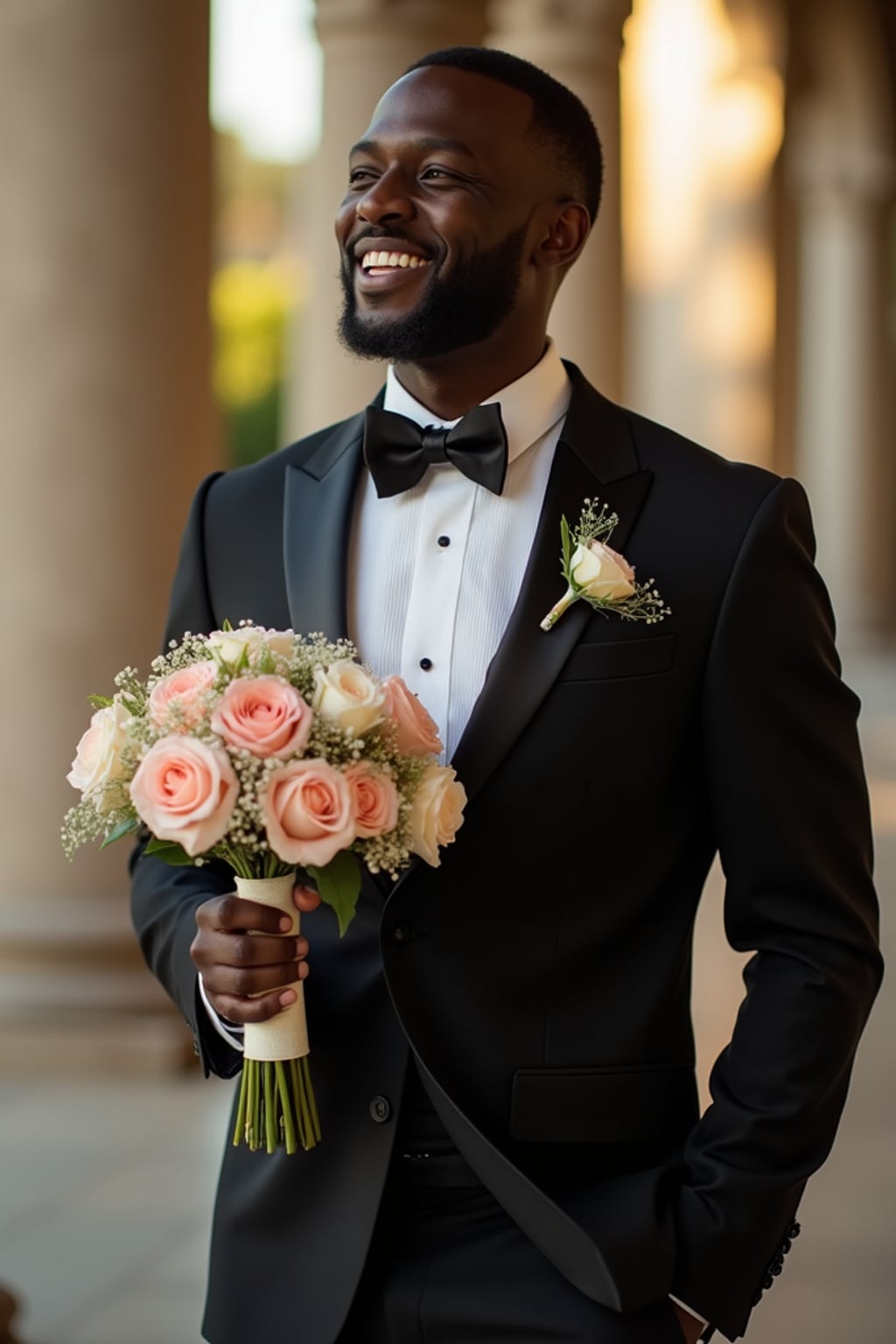 Joyful wedding celebration. Model holding a bouquet, posing elegantly for timeless wedding photography. Model  wearing a luxurious black suit . Soft natural light.