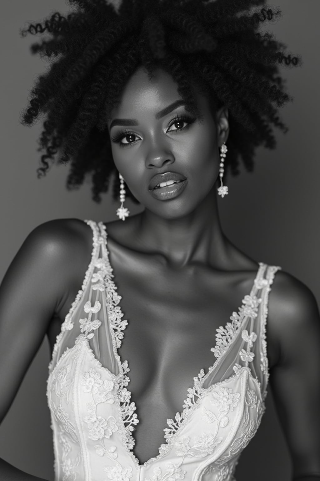 Artistic black and white wedding portrait, capturing emotions of the special day. Model wearing a vintage-inspired lace wedding dress  . Timeless and graceful composition.
