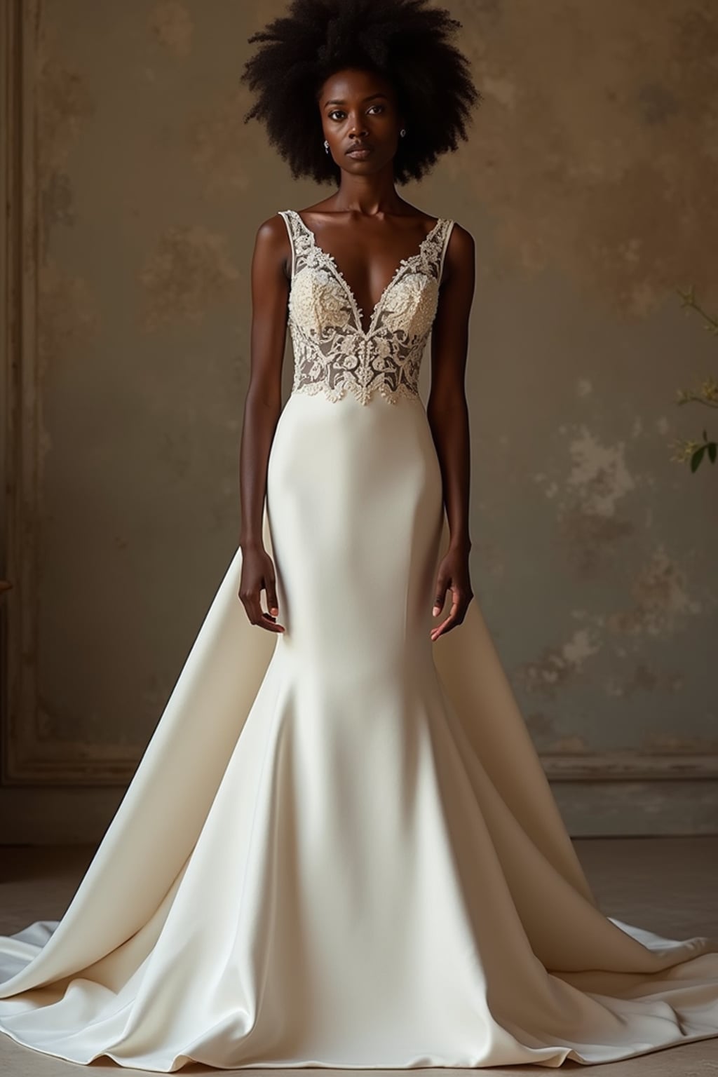 Classic wedding elegance in an intimate ceremony. Model wearing a silk A-line wedding dress with lace detailing  . Romantic and sophisticated.