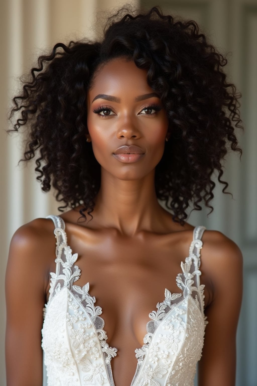Luxury wedding magazine cover photoshoot, high-end fashion aesthetic. Model wearing a couture wedding dress, hair styled in soft waves  .