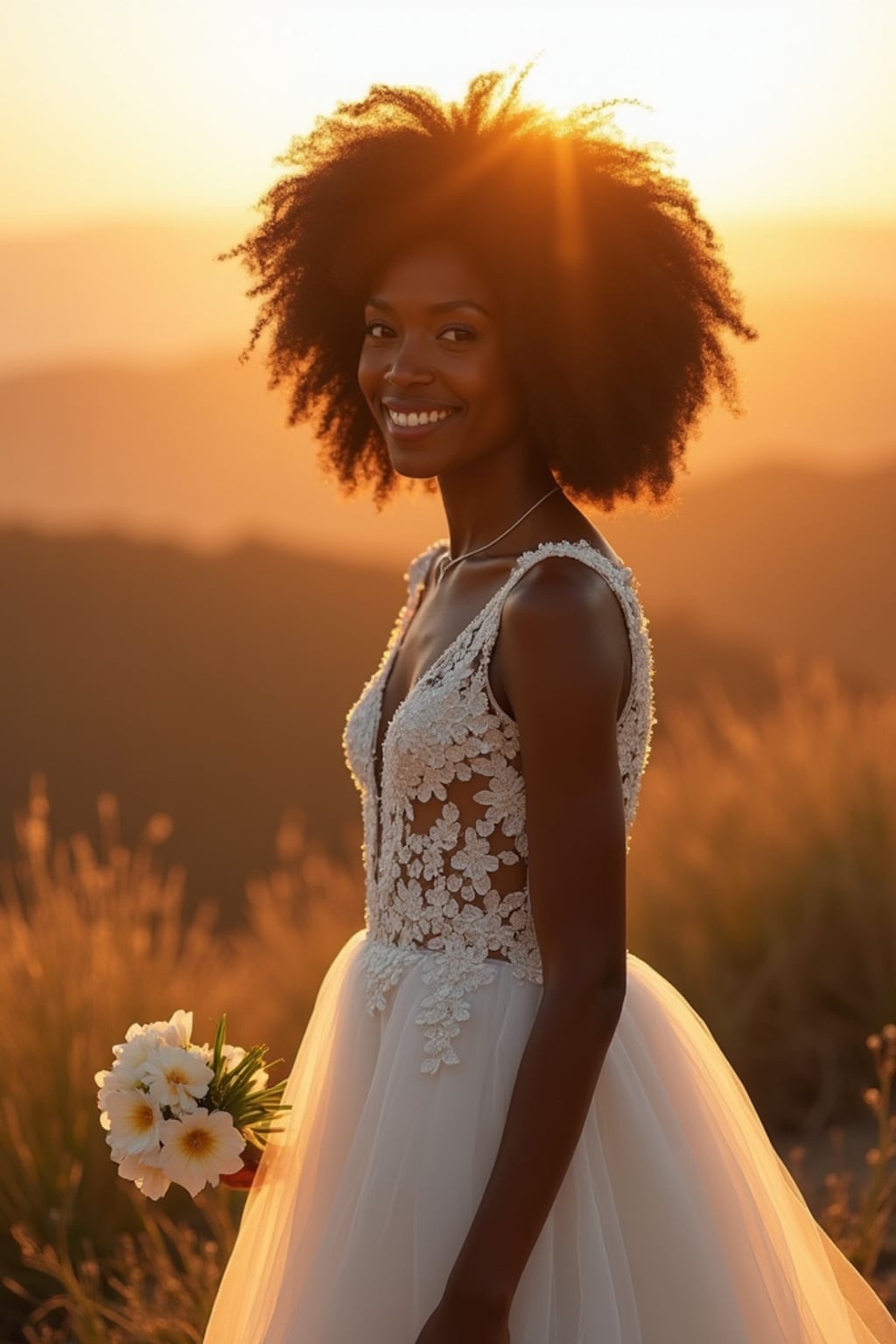 Golden hour wedding shoot with breathtaking natural scenery. Model wearing a delicate white dress with floral accents  . Warm sunlight creating a dreamy ambiance.