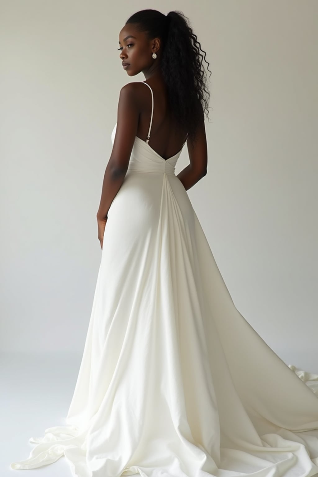 Sophisticated wedding photography, poised with elegance. Model wearing a minimalistic modern bridal gown  . Clean and aesthetic composition.