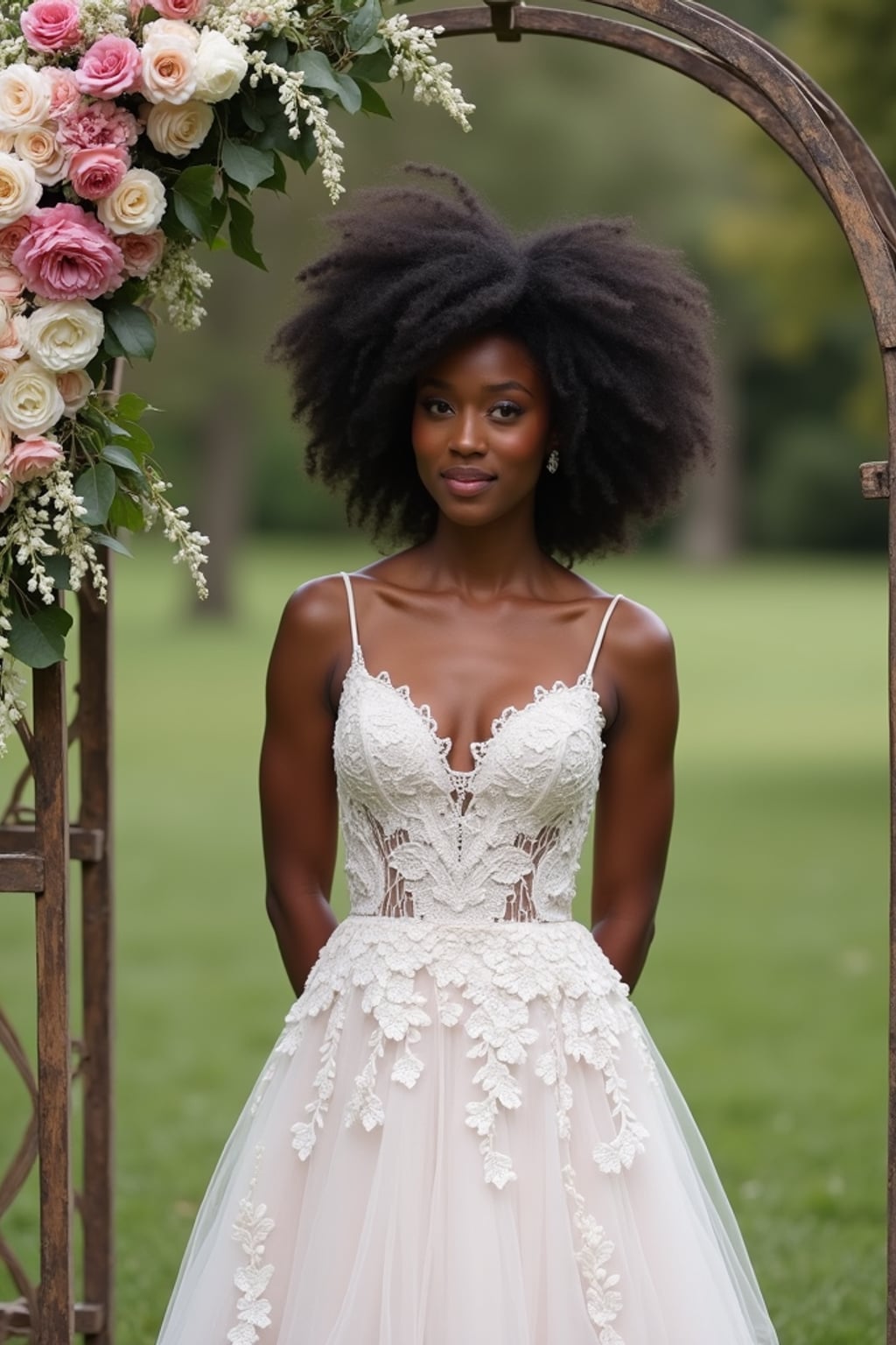 Candid wedding moment, standing by a floral wedding arch. Model wearing a lace-trimmed gown  . Natural soft-focus background, elegant setting.