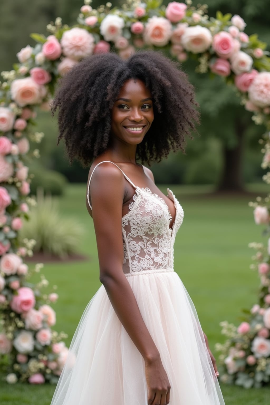 Candid wedding moment, standing by a floral wedding arch. Model wearing a lace-trimmed gown  . Natural soft-focus background, elegant setting.