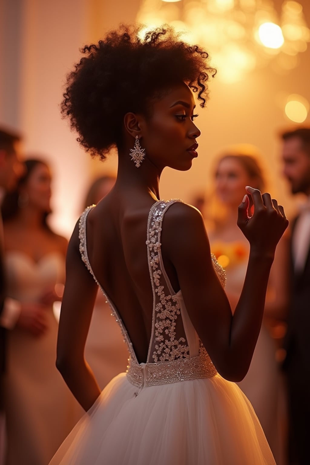 Romantic wedding reception scene, dancing under soft glowing lights. Model wearing a classy white dress with subtle sparkles  . Stylish and refined.