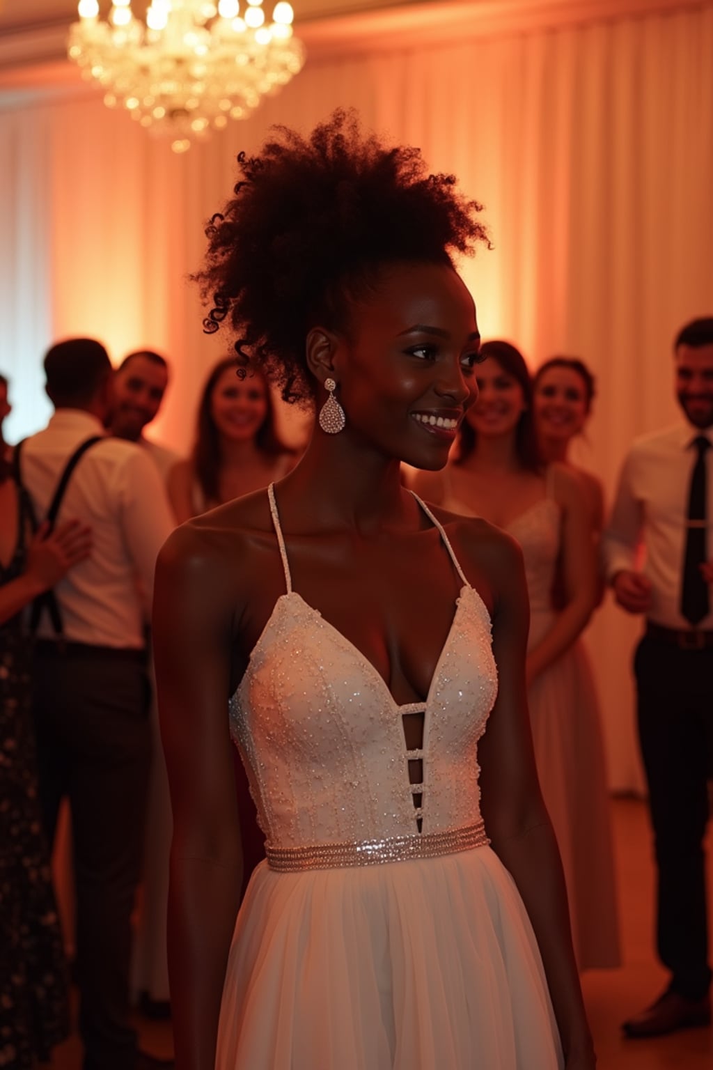 Romantic wedding reception scene, dancing under soft glowing lights. Model wearing a classy white dress with subtle sparkles  . Stylish and refined.