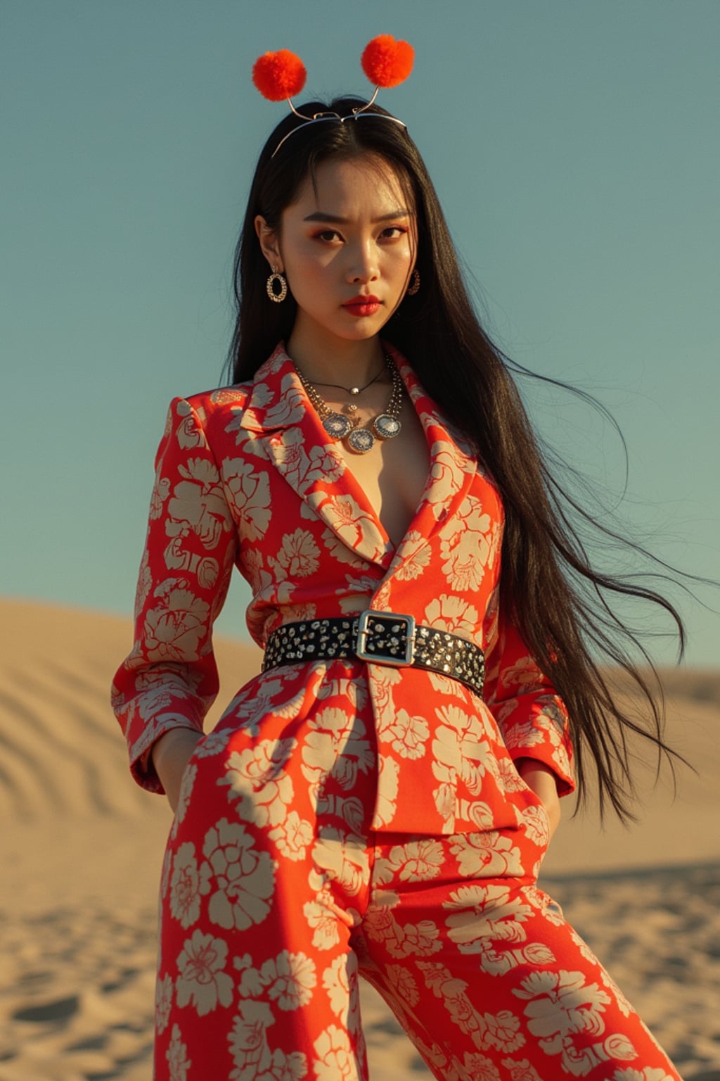 High-fashion E-Girl woman editorial shoot. Dressed in Y2K aesthetic, platform shoes, bold accessories . AI fashion-forward portrait.