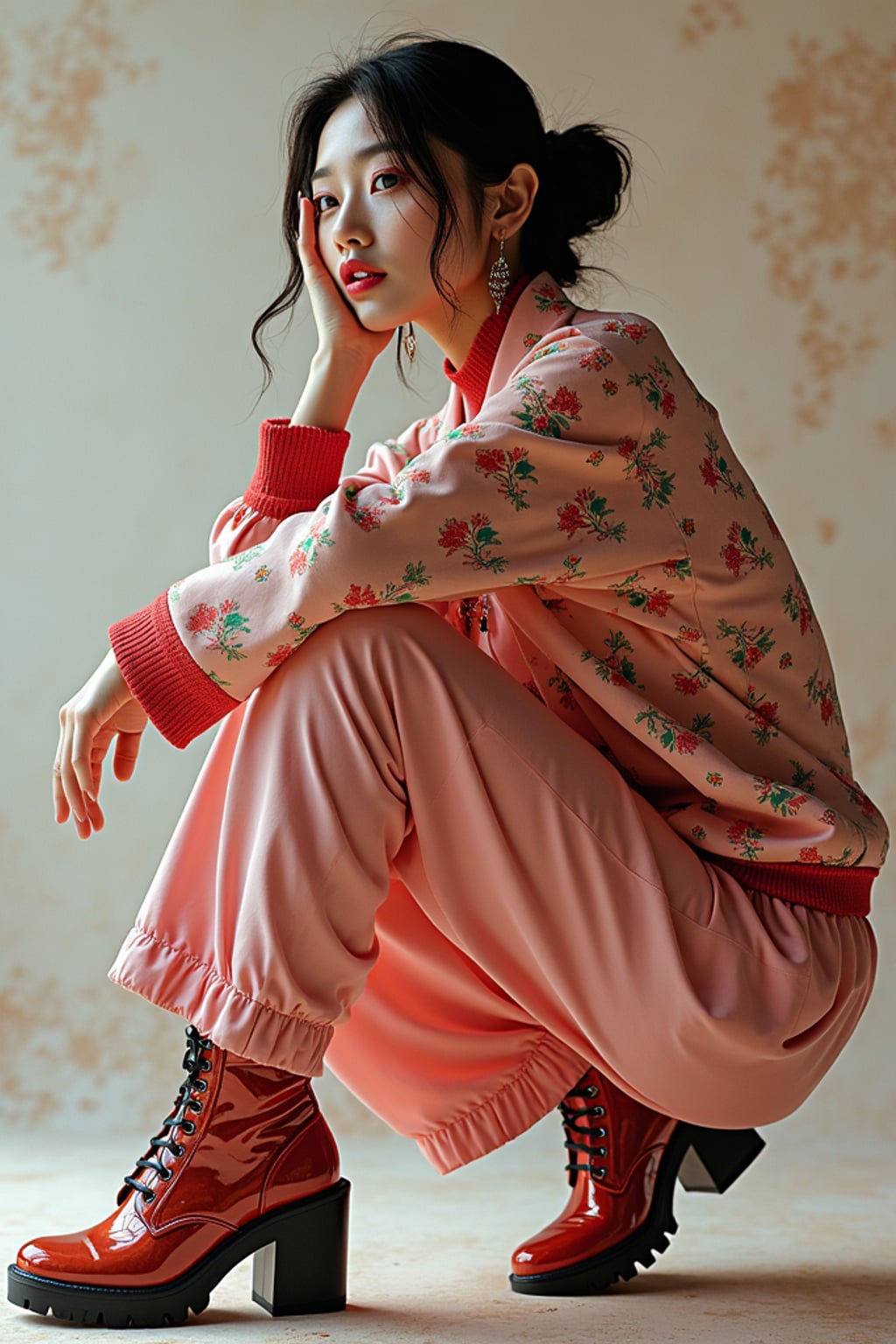 High-fashion E-Girl woman editorial shoot. Dressed in Y2K aesthetic, platform shoes, bold accessories . AI fashion-forward portrait.