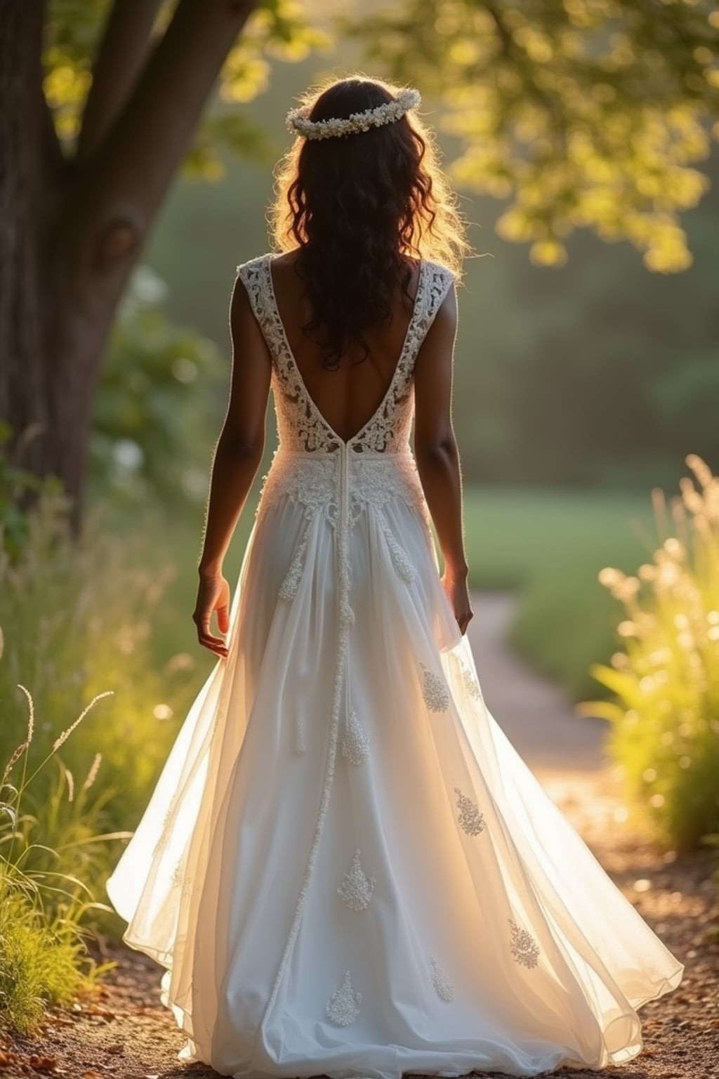 Wedding day candid moment, walking down a scenic path. Model wearing a flowing white gown with delicate embroidery  . Sunlight filtering through trees, cinematic photography.
