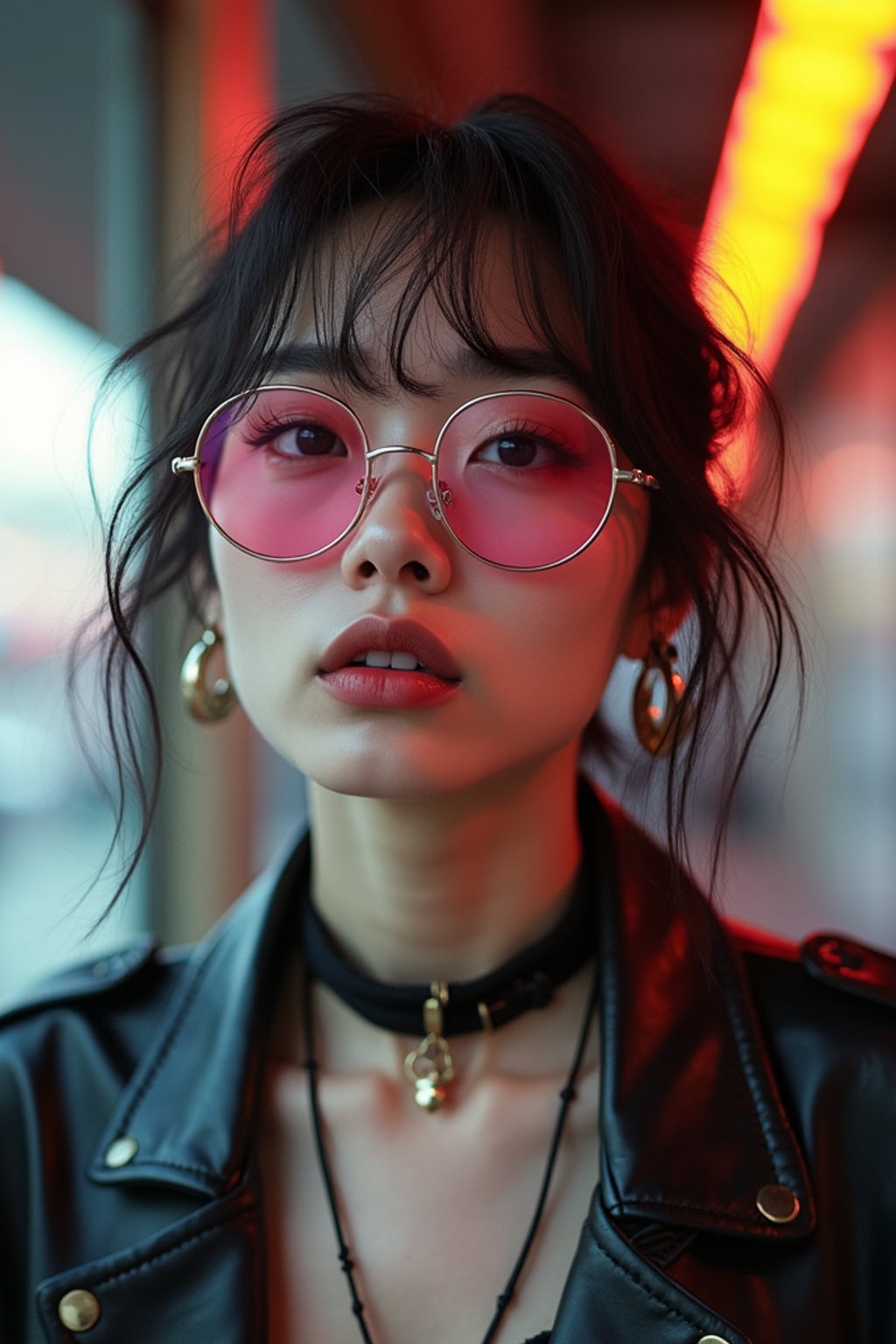 Model with alternative fashion, edgy attitude, street photography vibes. Pink-tinted glasses, dark choker, expressive pose . TikTok and Instagram style.