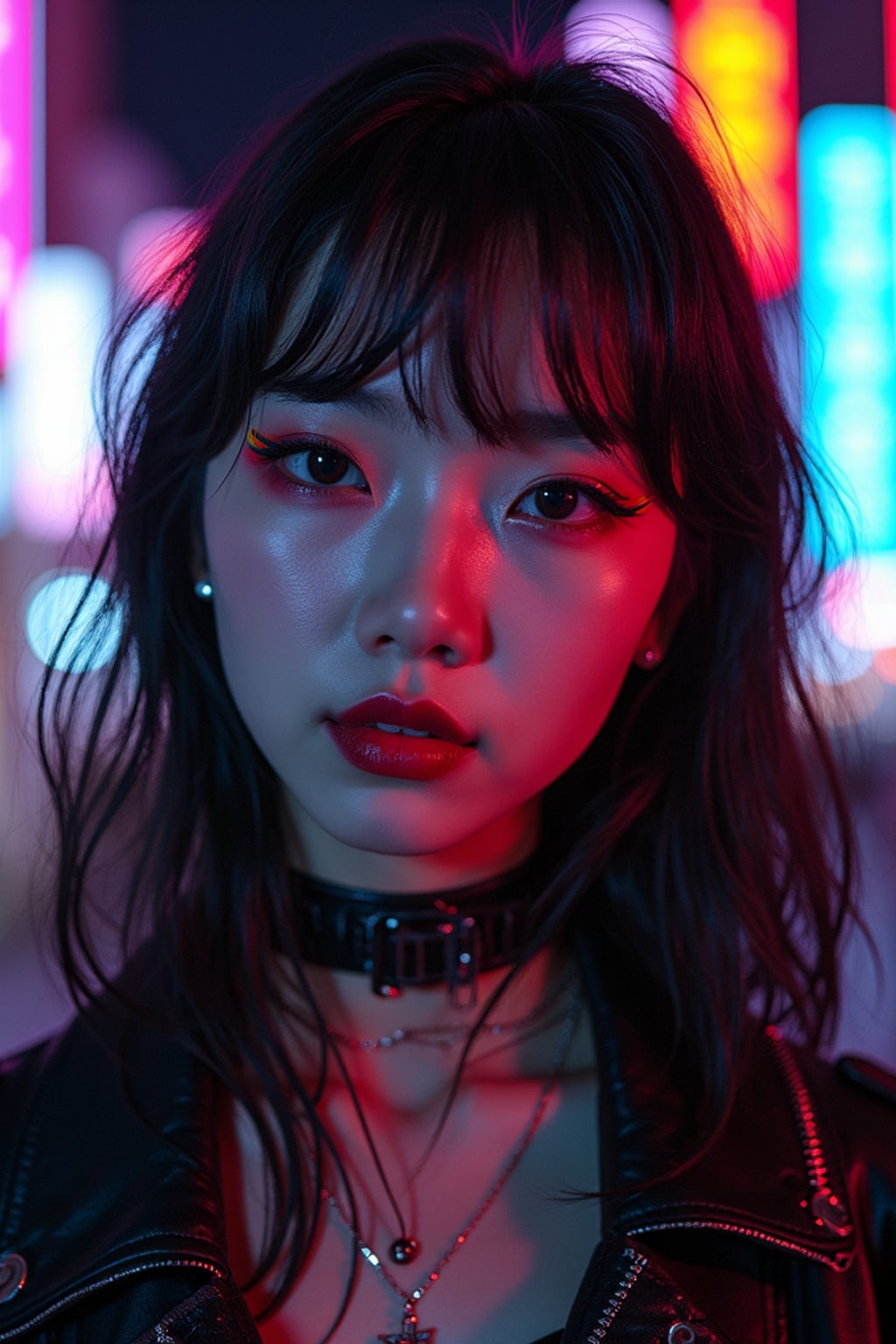 Model as a cyberpunk E-Girl transformation. Dark lipstick, neon eyeliner, futuristic fashion . Tokyo street-style lighting.