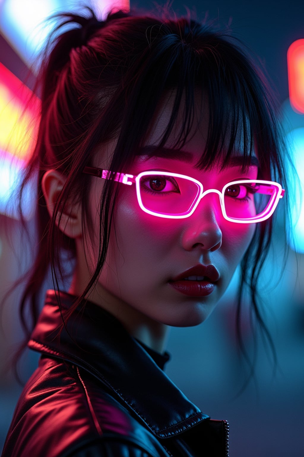 Model as a cyberpunk E-Girl transformation. Dark lipstick, neon eyeliner, futuristic fashion . Tokyo street-style lighting.