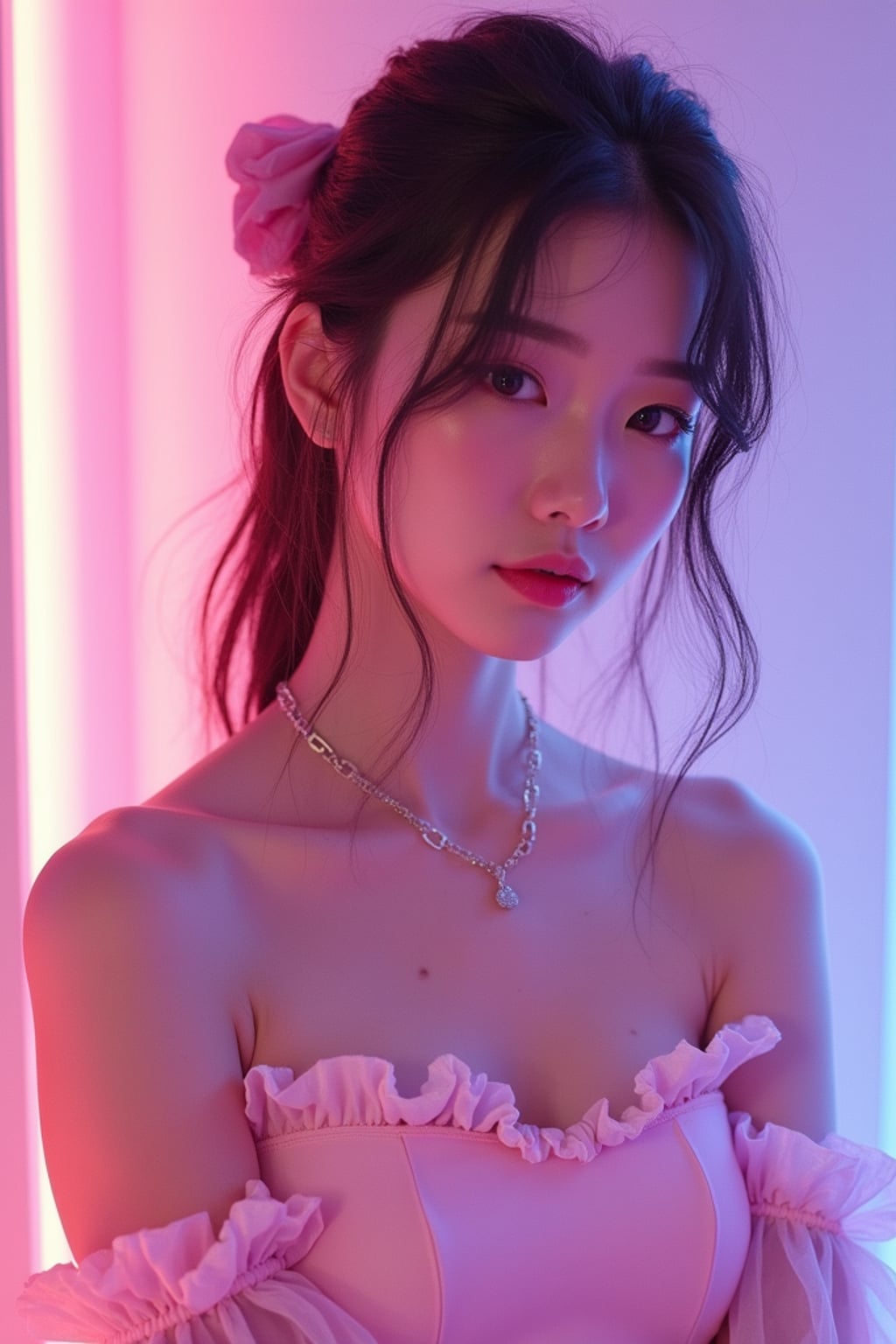 Model as a vaporwave E-Girl aesthetic, dreamy lighting, soft neon glow. Wearing a pastel aesthetic outfit, subtle anime influence . Soft dreamy effect.