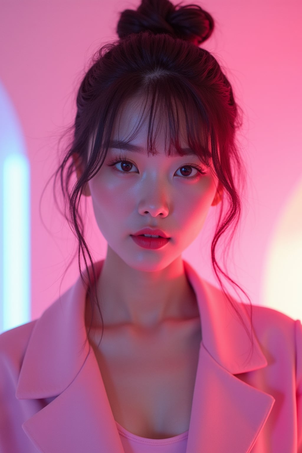 Model as a vaporwave E-Girl aesthetic, dreamy lighting, soft neon glow. Wearing a pastel aesthetic outfit, subtle anime influence . Soft dreamy effect.