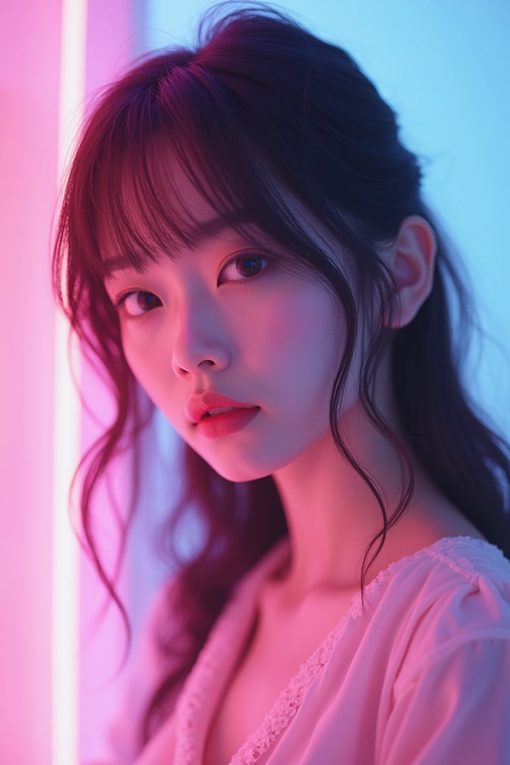 Model as a vaporwave E-Girl aesthetic, dreamy lighting, soft neon glow. Wearing a pastel aesthetic outfit, subtle anime influence . Soft dreamy effect.