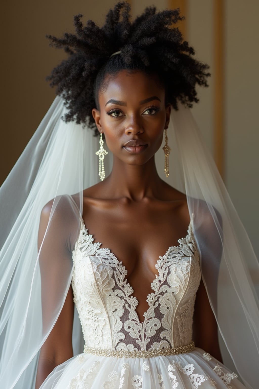 Elegant wedding portrait, showcasing sophisticated bridal or groom styling. Model wearing a delicate lace gown with a flowing veil  . High-fashion photography style.