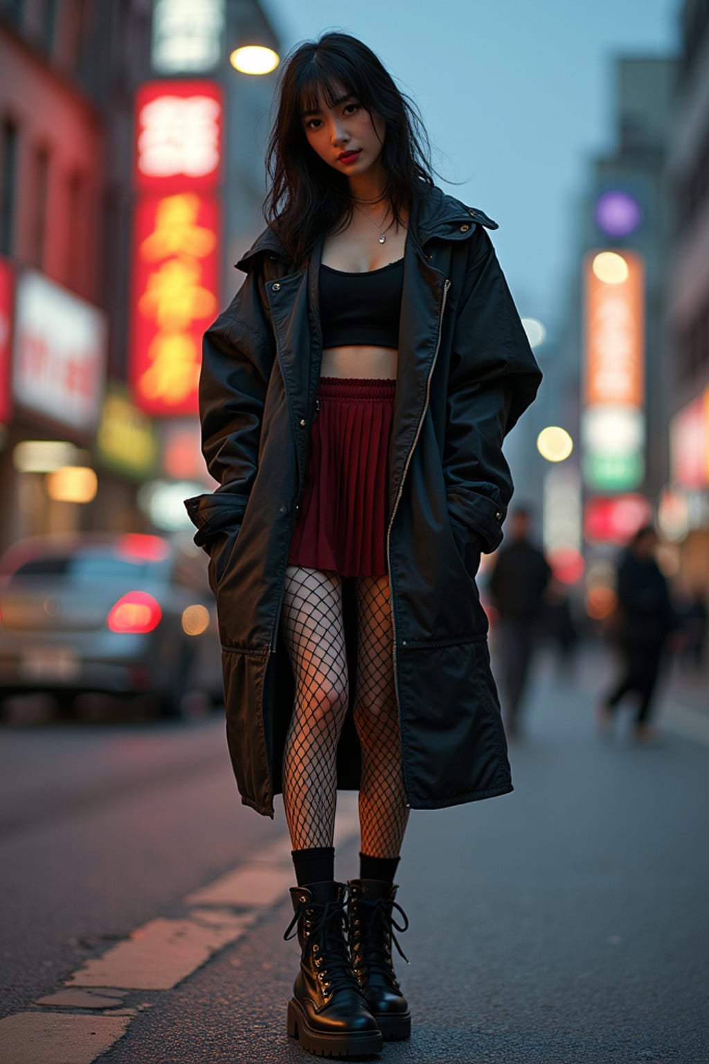 Model in an E-Girl streetwear fashion shoot. Fishnet stockings, pleated skirt, chunky boots . Urban background, city lights.