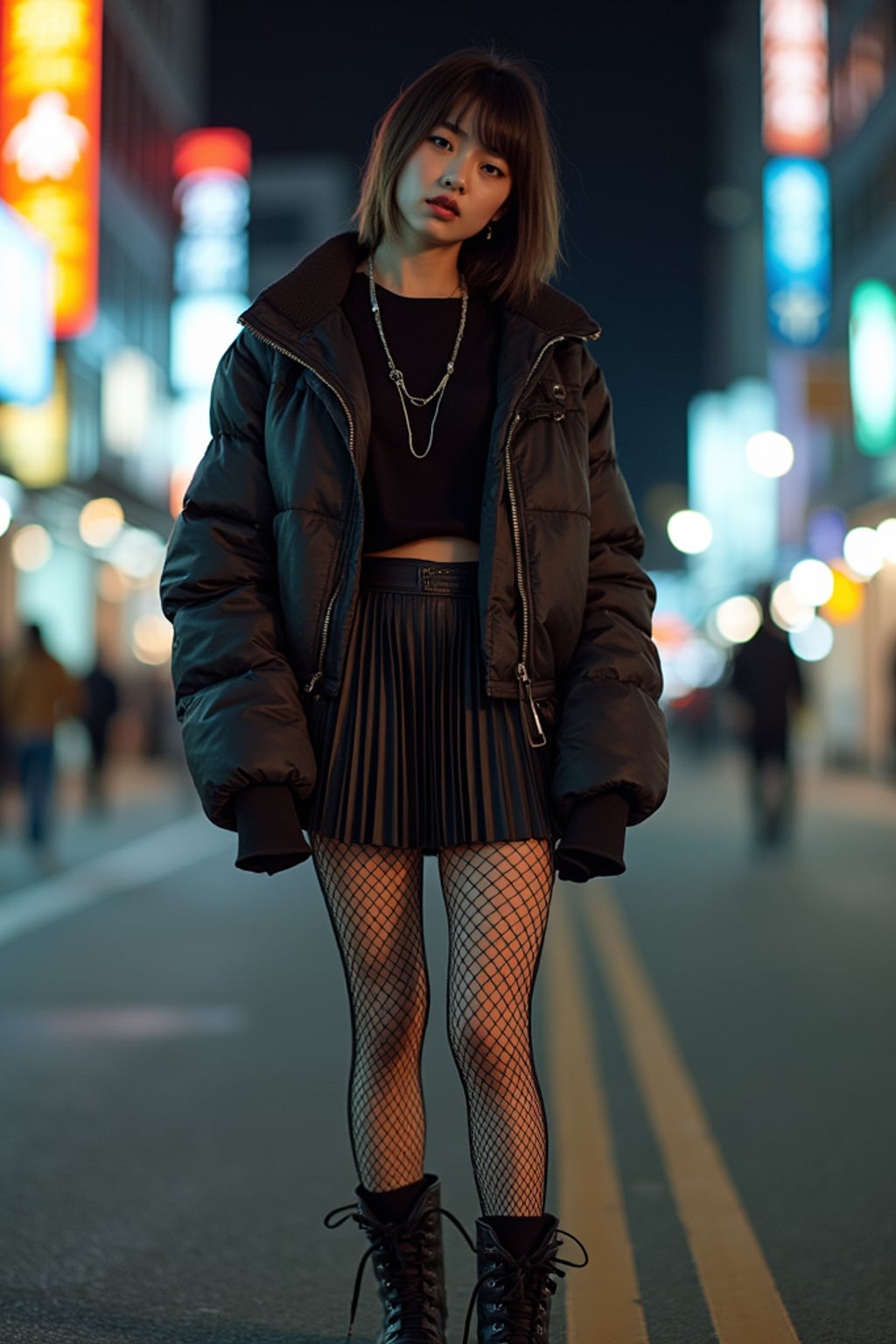 Model in an E-Girl streetwear fashion shoot. Fishnet stockings, pleated skirt, chunky boots . Urban background, city lights.