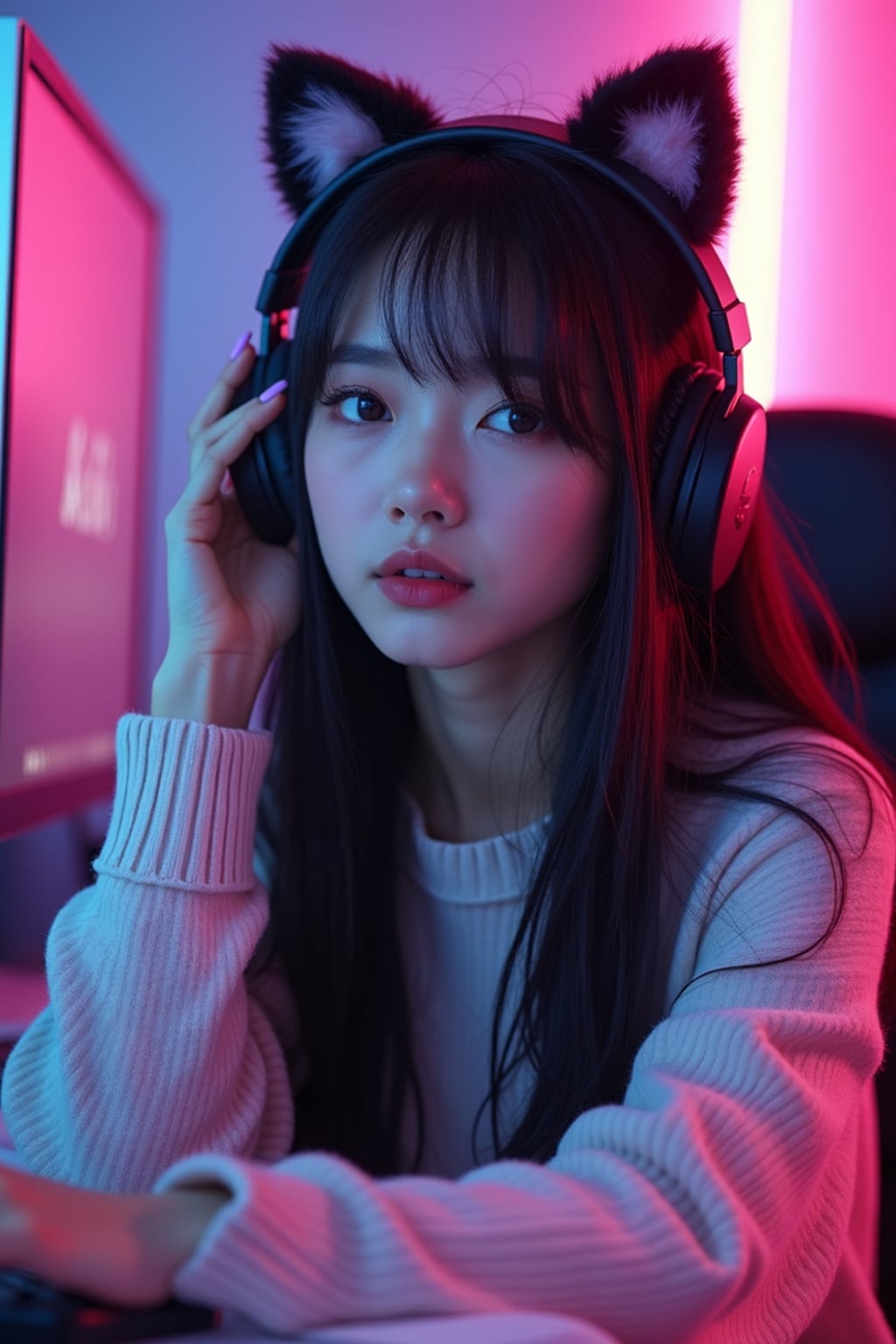 Model as a gaming E-Girl photoshoot. Cat ear headphones, neon-lit gaming room, pastel sweater . Streaming setup aesthetic.