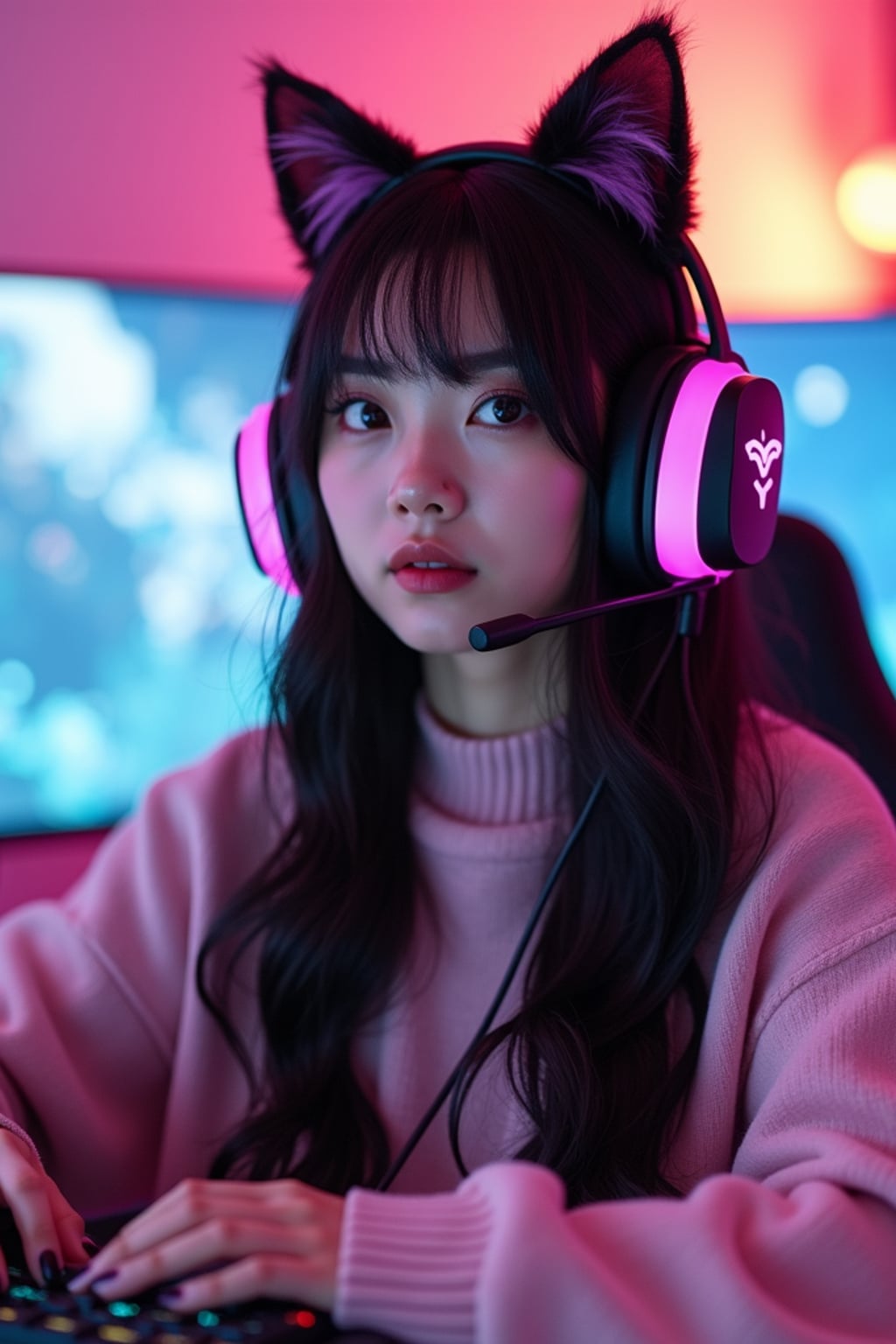 Model as a gaming E-Girl photoshoot. Cat ear headphones, neon-lit gaming room, pastel sweater . Streaming setup aesthetic.