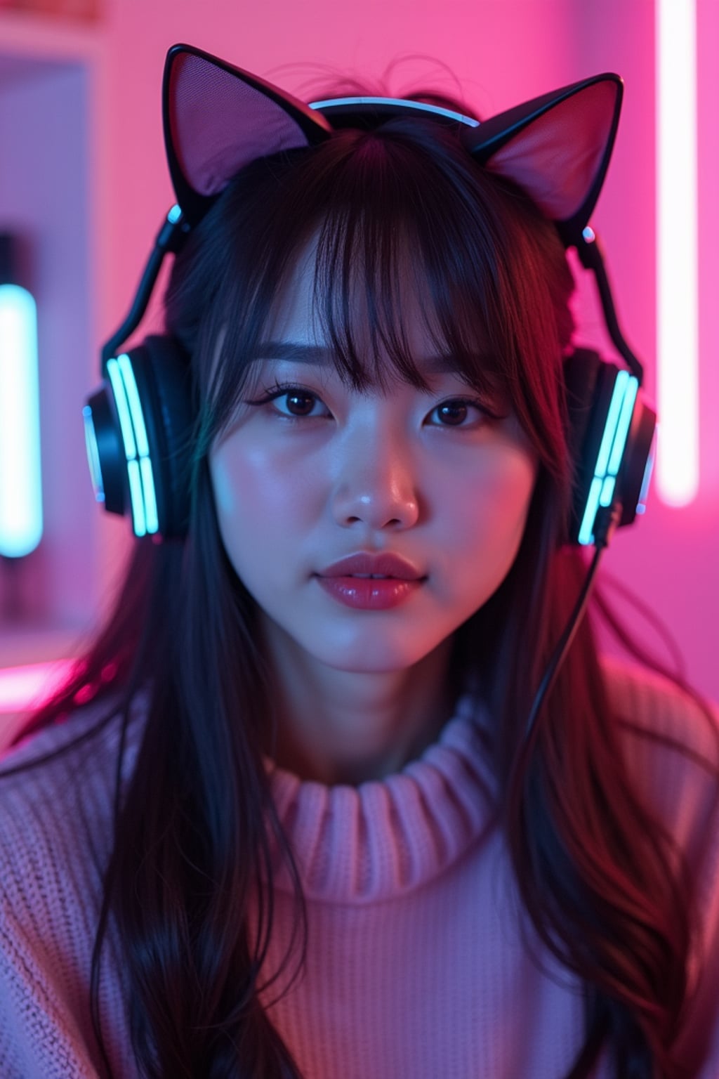 Model as a gaming E-Girl photoshoot. Cat ear headphones, neon-lit gaming room, pastel sweater . Streaming setup aesthetic.
