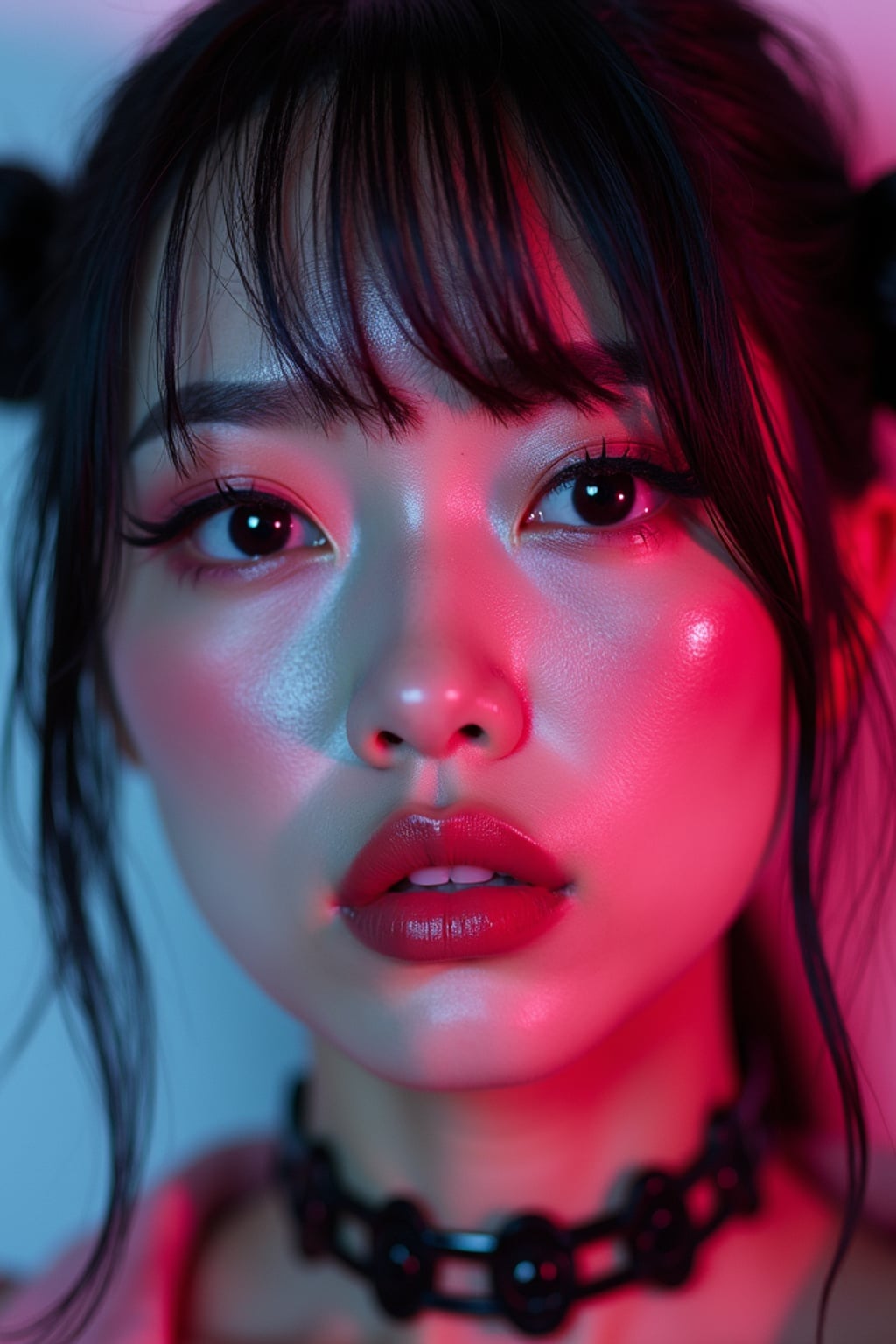 Close-up of woman as an E-Girl portrait with soft goth makeup. Blush-heavy cheeks, glossy lips, dramatic eyeliner, space buns hairstyle . Neon cyberpunk background.