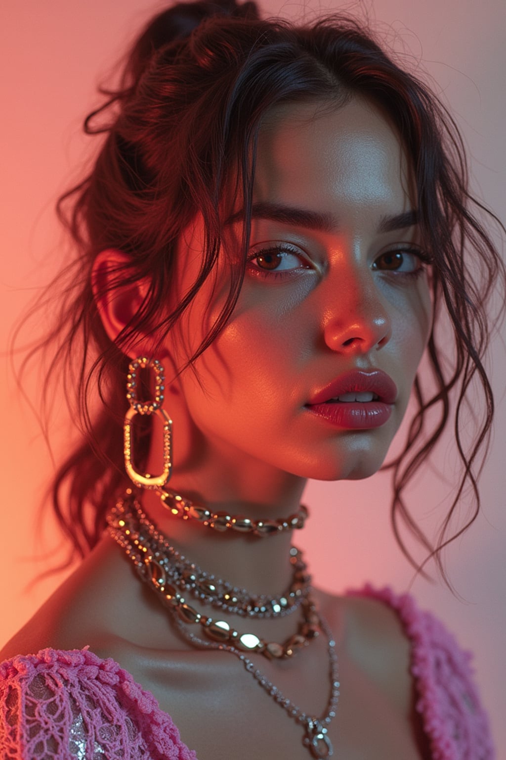 High-fashion E-Girl woman editorial shoot. Dressed in Y2K aesthetic, platform shoes, bold accessories . AI fashion-forward portrait.