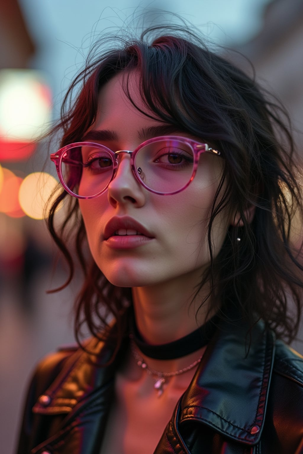 Model with alternative fashion, edgy attitude, street photography vibes. Pink-tinted glasses, dark choker, expressive pose . TikTok and Instagram style.