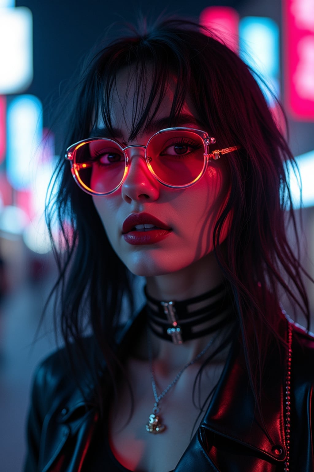 Model as a cyberpunk E-Girl transformation. Dark lipstick, neon eyeliner, futuristic fashion . Tokyo street-style lighting.