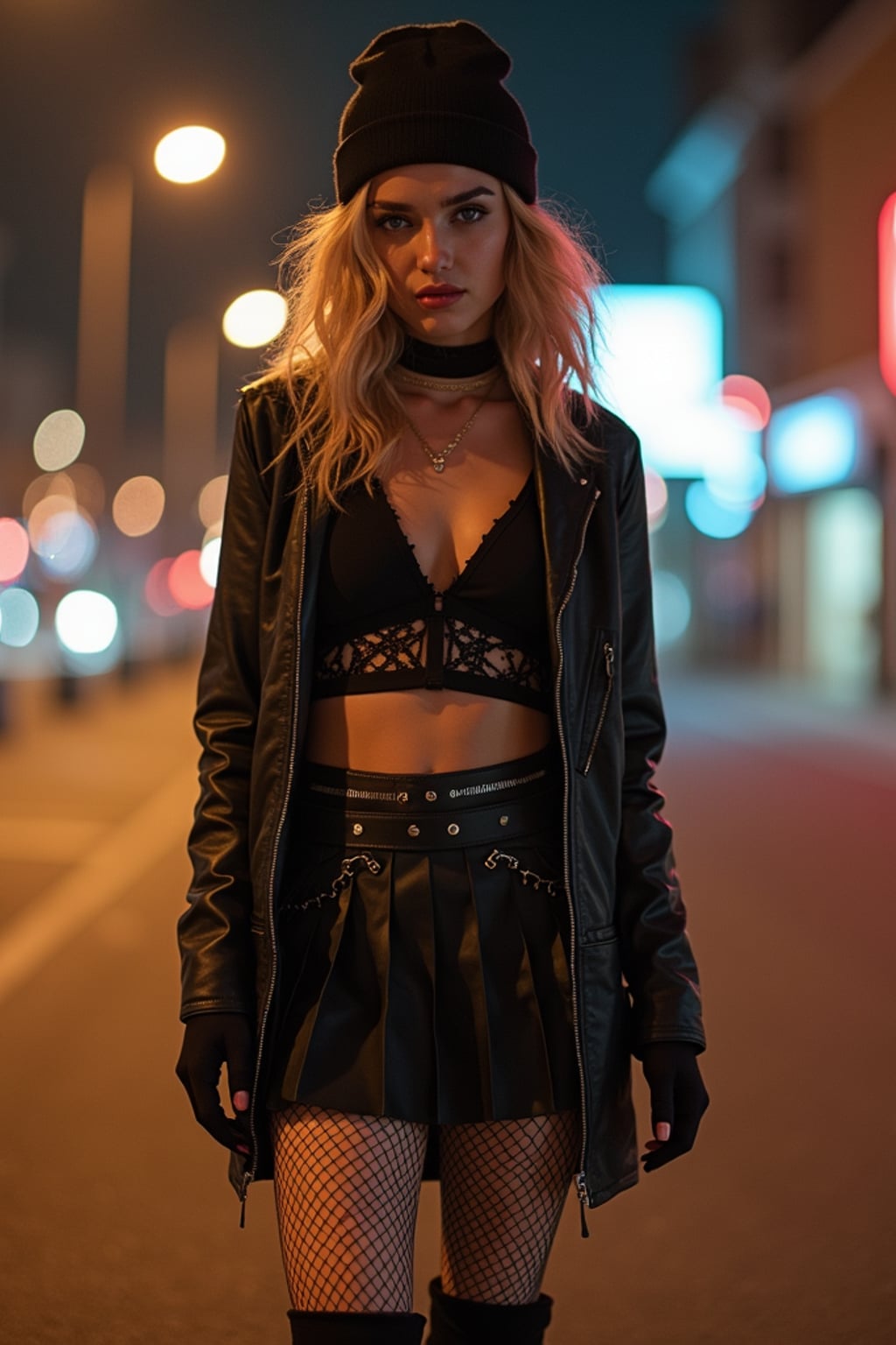 Model in an E-Girl streetwear fashion shoot. Fishnet stockings, pleated skirt, chunky boots . Urban background, city lights.