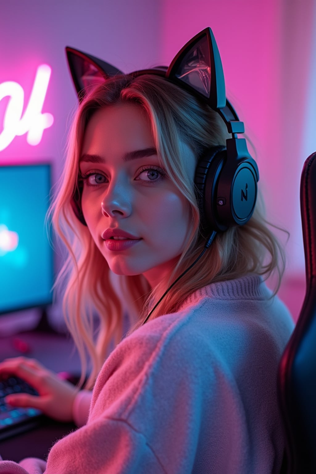 Model as a gaming E-Girl photoshoot. Cat ear headphones, neon-lit gaming room, pastel sweater . Streaming setup aesthetic.