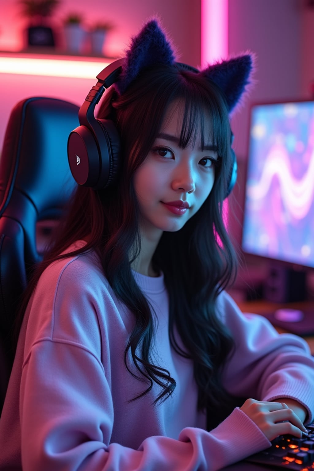 Model as a gaming E-Girl photoshoot. Cat ear headphones, neon-lit gaming room, pastel sweater . Streaming setup aesthetic.