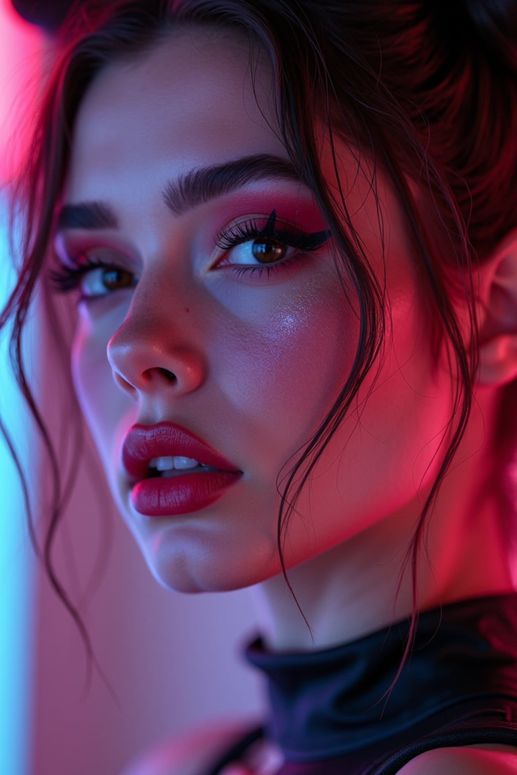 Close-up of woman as an E-Girl portrait with soft goth makeup. Blush-heavy cheeks, glossy lips, dramatic eyeliner, space buns hairstyle . Neon cyberpunk background.