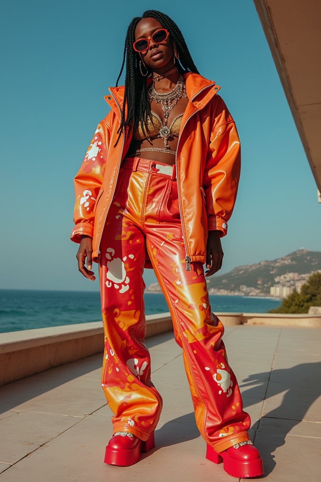 High-fashion E-Girl woman editorial shoot. Dressed in Y2K aesthetic, platform shoes, bold accessories . AI fashion-forward portrait.