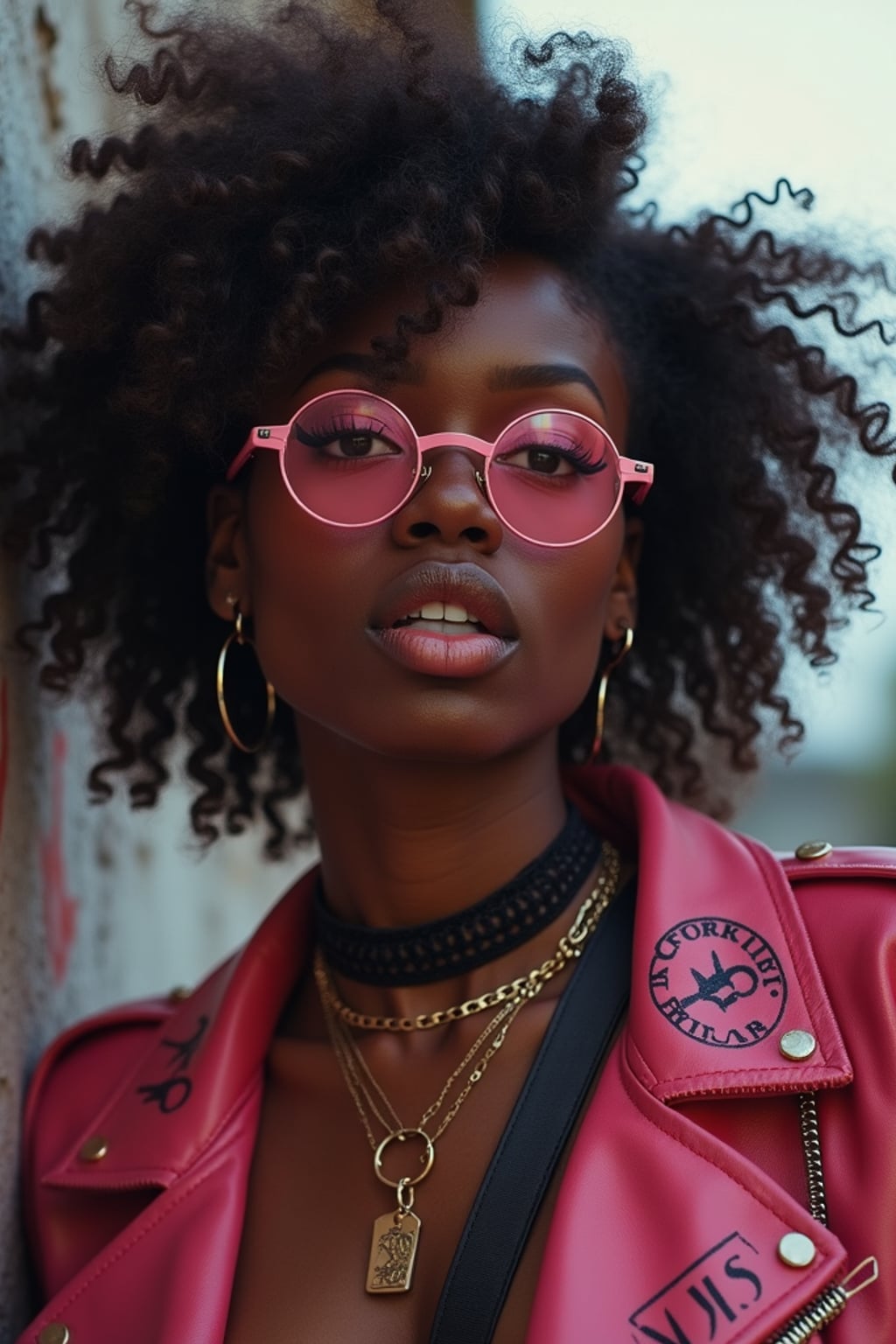Model with alternative fashion, edgy attitude, street photography vibes. Pink-tinted glasses, dark choker, expressive pose . TikTok and Instagram style.