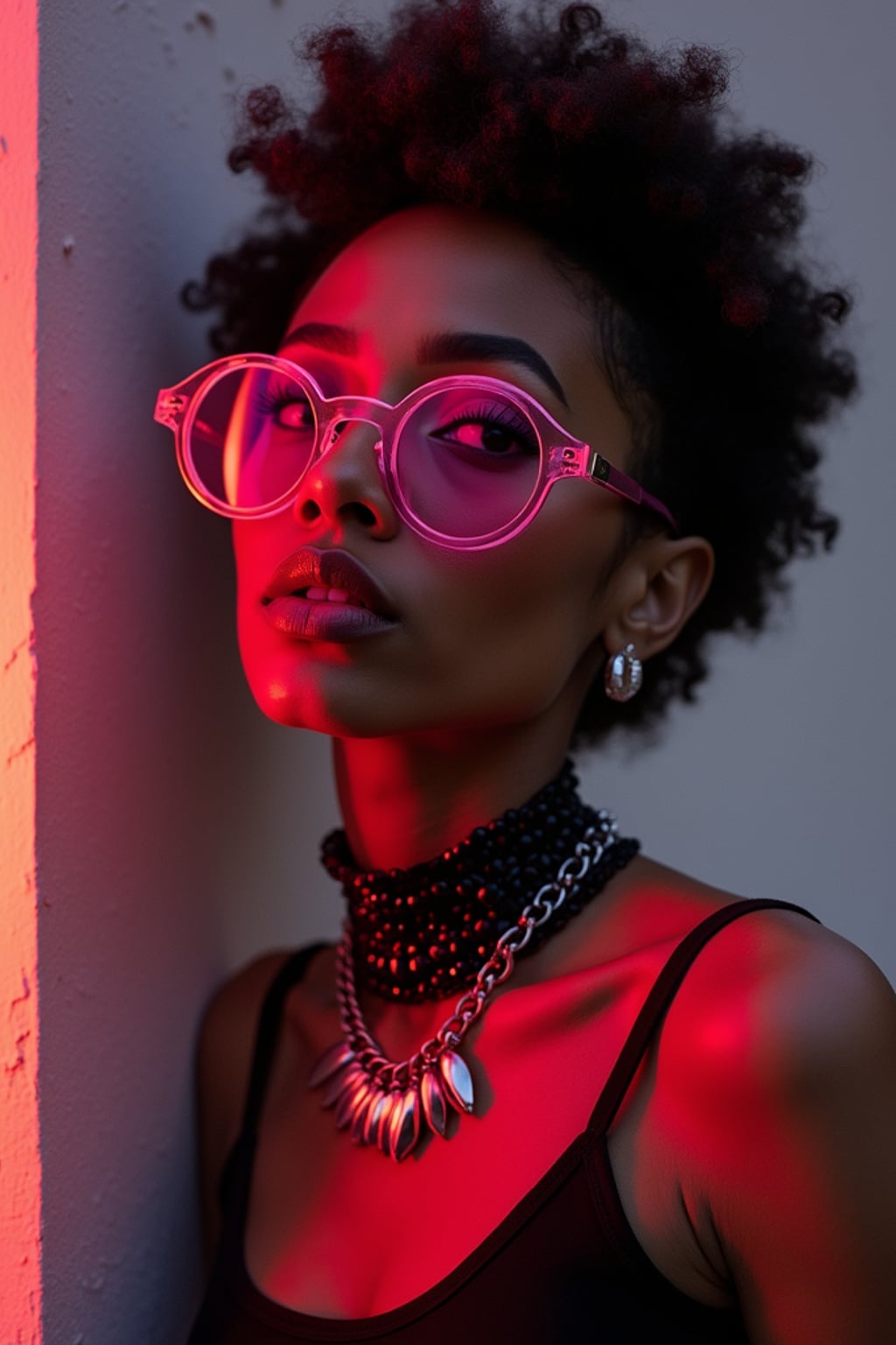 Model with alternative fashion, edgy attitude, street photography vibes. Pink-tinted glasses, dark choker, expressive pose . TikTok and Instagram style.